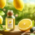 Lemon tree with ripe lemons and bottle of lemon essential oil highlighting health benefits