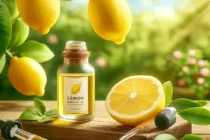 Lemon tree with ripe lemons and bottle of lemon essential oil highlighting health benefits