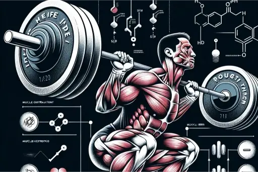 An illustration showing a man lifting a barbell with detailed muscle anatomy and various scientific diagrams related to muscle building