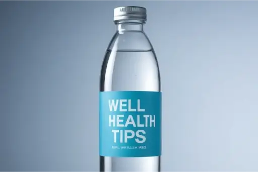 A water bottle with a label that reads "Well Health Tips" against a blue background.