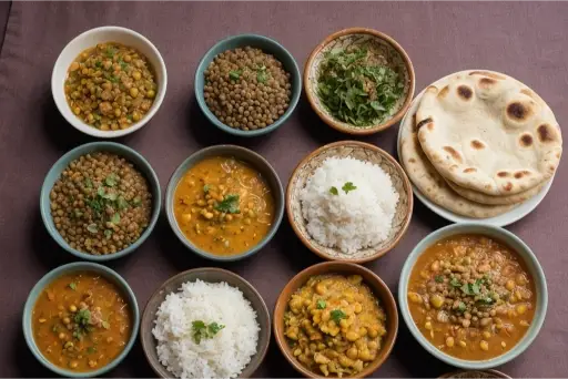 Various dishes rich in proteins and legumes served alongside rice and bread on a purple background