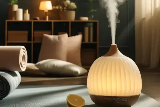 Diffuser with lemon oil in a tranquil yoga space promoting health benefits