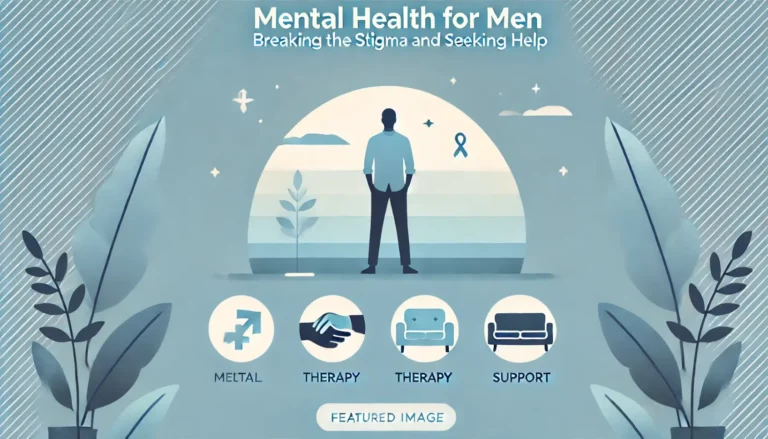 Illustration of a man standing with symbols of mental health for men support, therapy, and breaking stigma